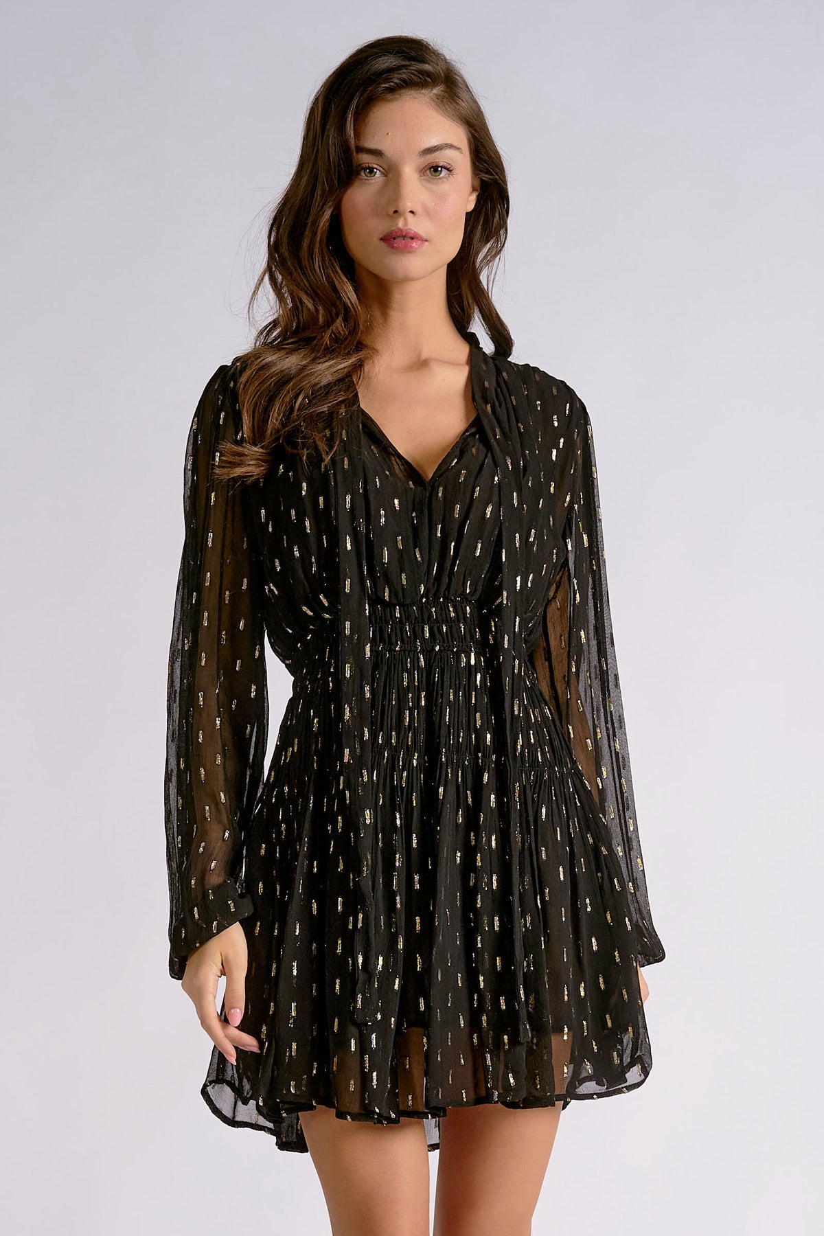 Elan Black Gold Lurex Long Sleeve Mini Dress-mini dress-elan-Deja Nu Boutique, Women's Fashion Boutique in Lampasas, Texas