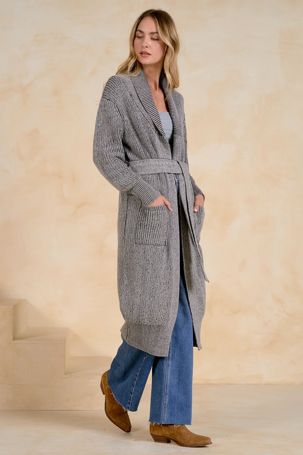 Elan Long Tie-Front Sweater Cardigan in Black Mélange-Cardigans & Kimonos-Elan-Deja Nu Boutique, Women's Fashion Boutique in Lampasas, Texas