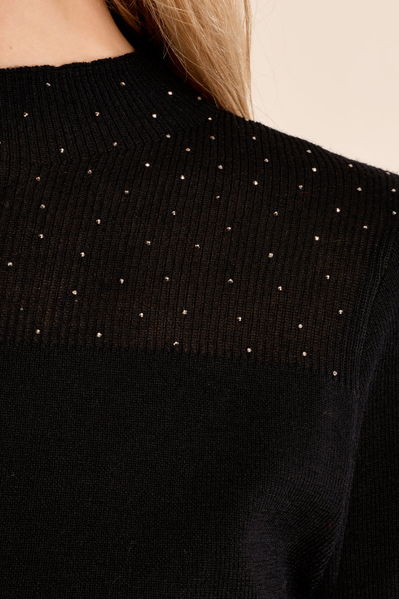Elan Black Rhinestone Mock Neck Sweater-Sweaters-Molly Bracken-Deja Nu Boutique, Women's Fashion Boutique in Lampasas, Texas