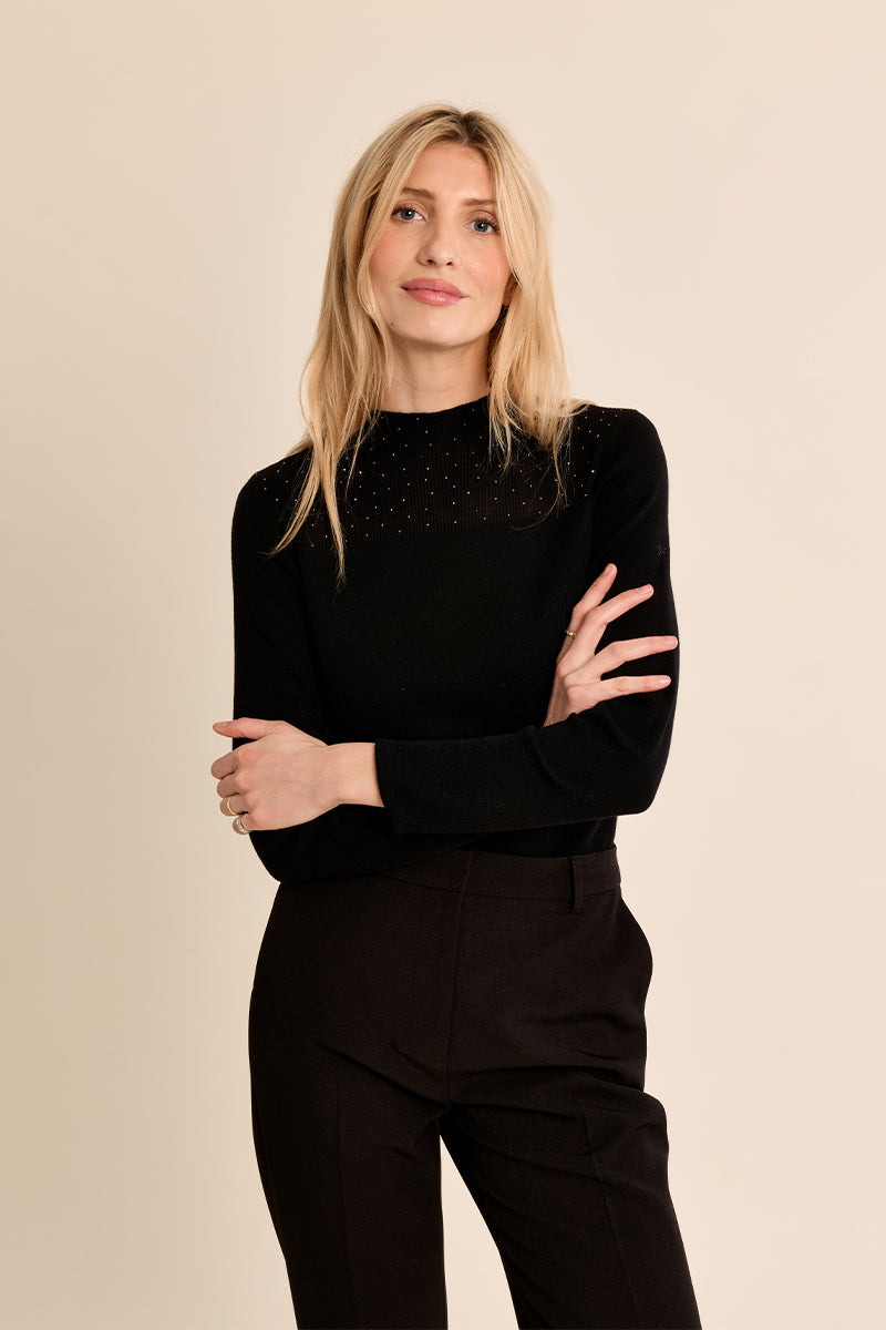 Elan Black Rhinestone Mock Neck Sweater-Sweaters-Molly Bracken-Deja Nu Boutique, Women's Fashion Boutique in Lampasas, Texas