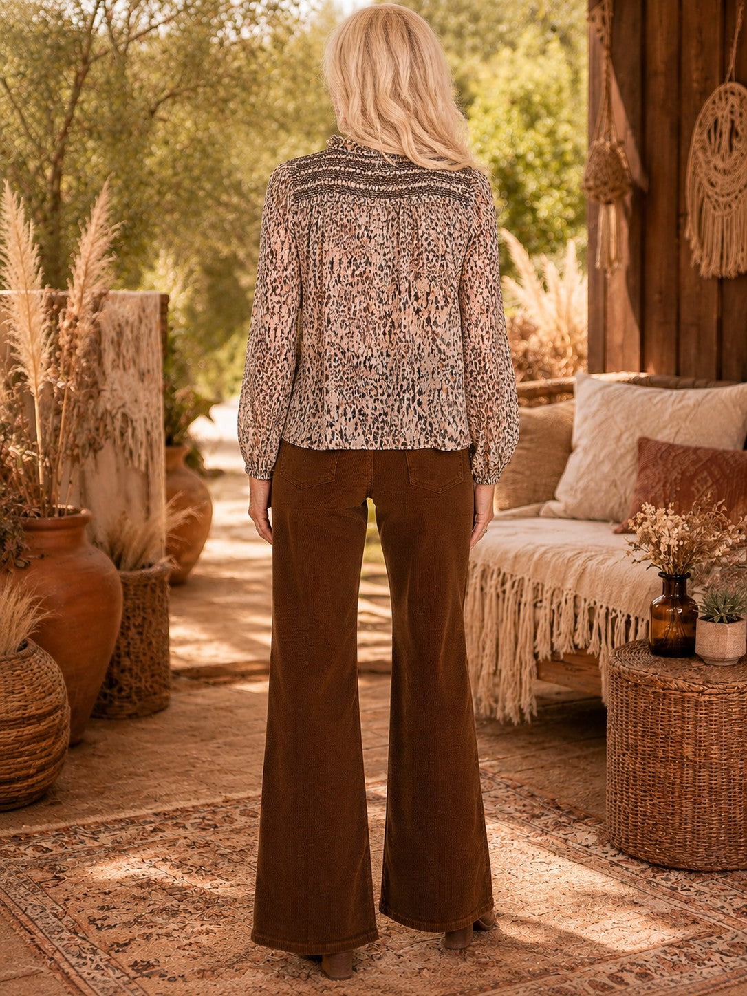 ELAN Brown Lia Boho Peasant Blouse-shirts-elan-Deja Nu Boutique, Women's Fashion Boutique in Lampasas, Texas