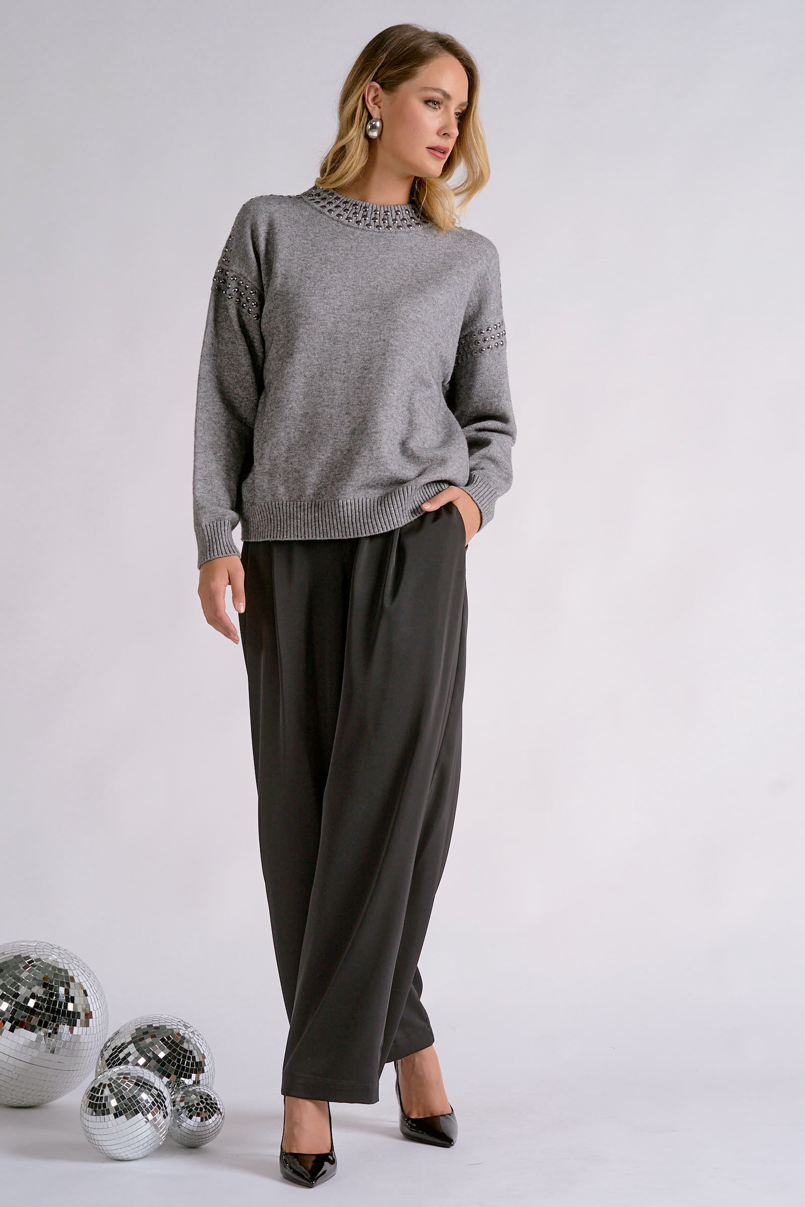 Elan Carrie Studded Sweater in Grey-Sweaters-elan-Deja Nu Boutique, Women's Fashion Boutique in Lampasas, Texas