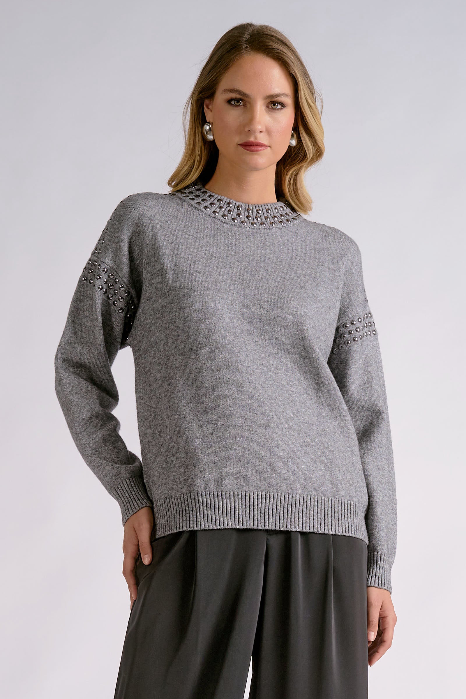 Elan Carrie Studded Sweater in Grey-Sweaters-elan-Deja Nu Boutique, Women's Fashion Boutique in Lampasas, Texas