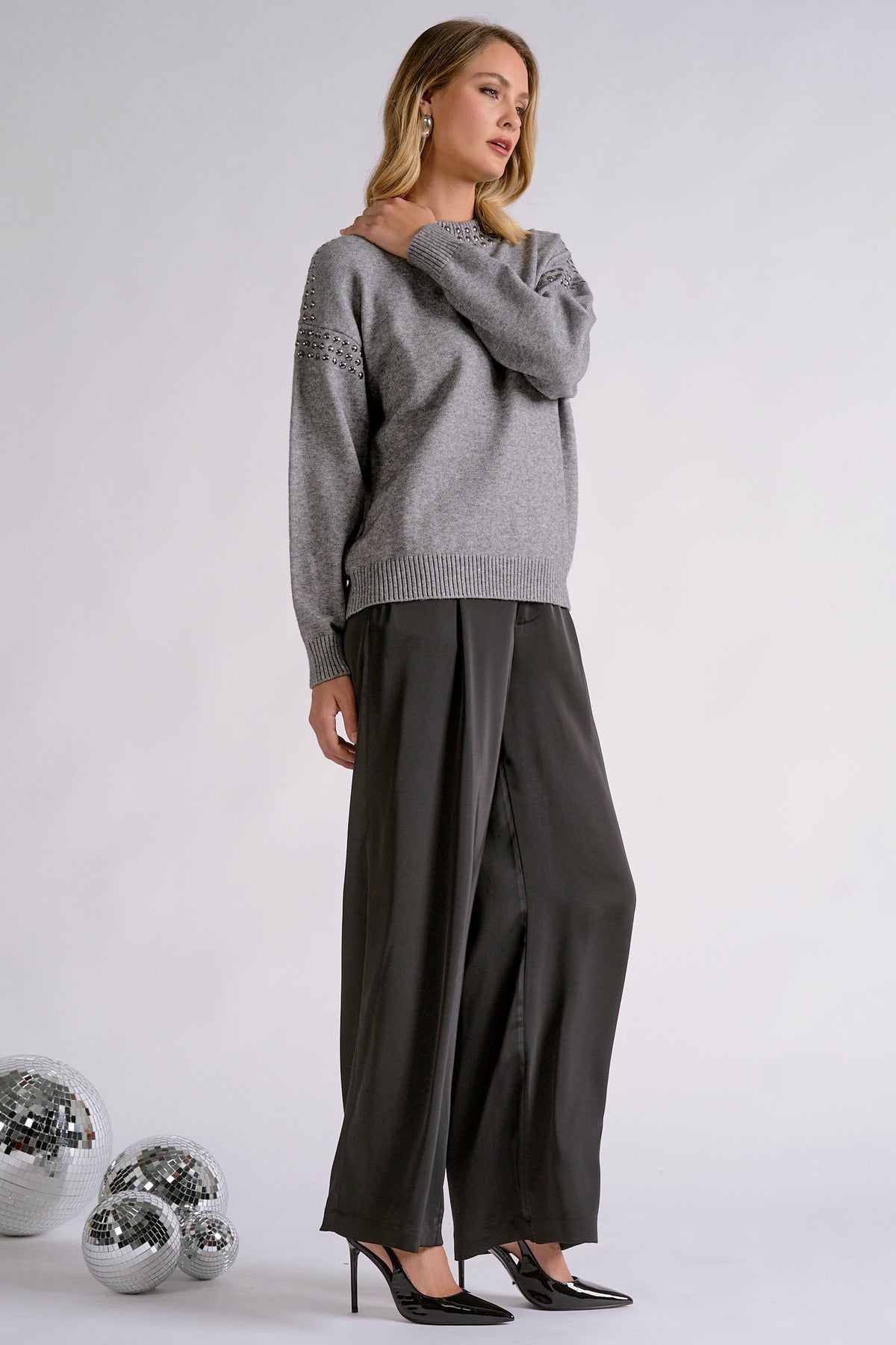 Elan Carrie Studded Sweater in Grey-Sweaters-elan-Deja Nu Boutique, Women's Fashion Boutique in Lampasas, Texas