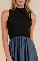 Elan Harlow Navy Black Mixed Media Maxi Dress-Maxi Dresses-elan-Deja Nu Boutique, Women's Fashion Boutique in Lampasas, Texas
