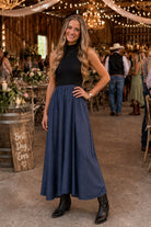 Elan Harlow Navy Black Mixed Media Maxi Dress-Maxi Dresses-elan-Deja Nu Boutique, Women's Fashion Boutique in Lampasas, Texas