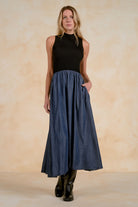 Elan Harlow Navy Black Mixed Media Maxi Dress-Maxi Dresses-elan-Deja Nu Boutique, Women's Fashion Boutique in Lampasas, Texas