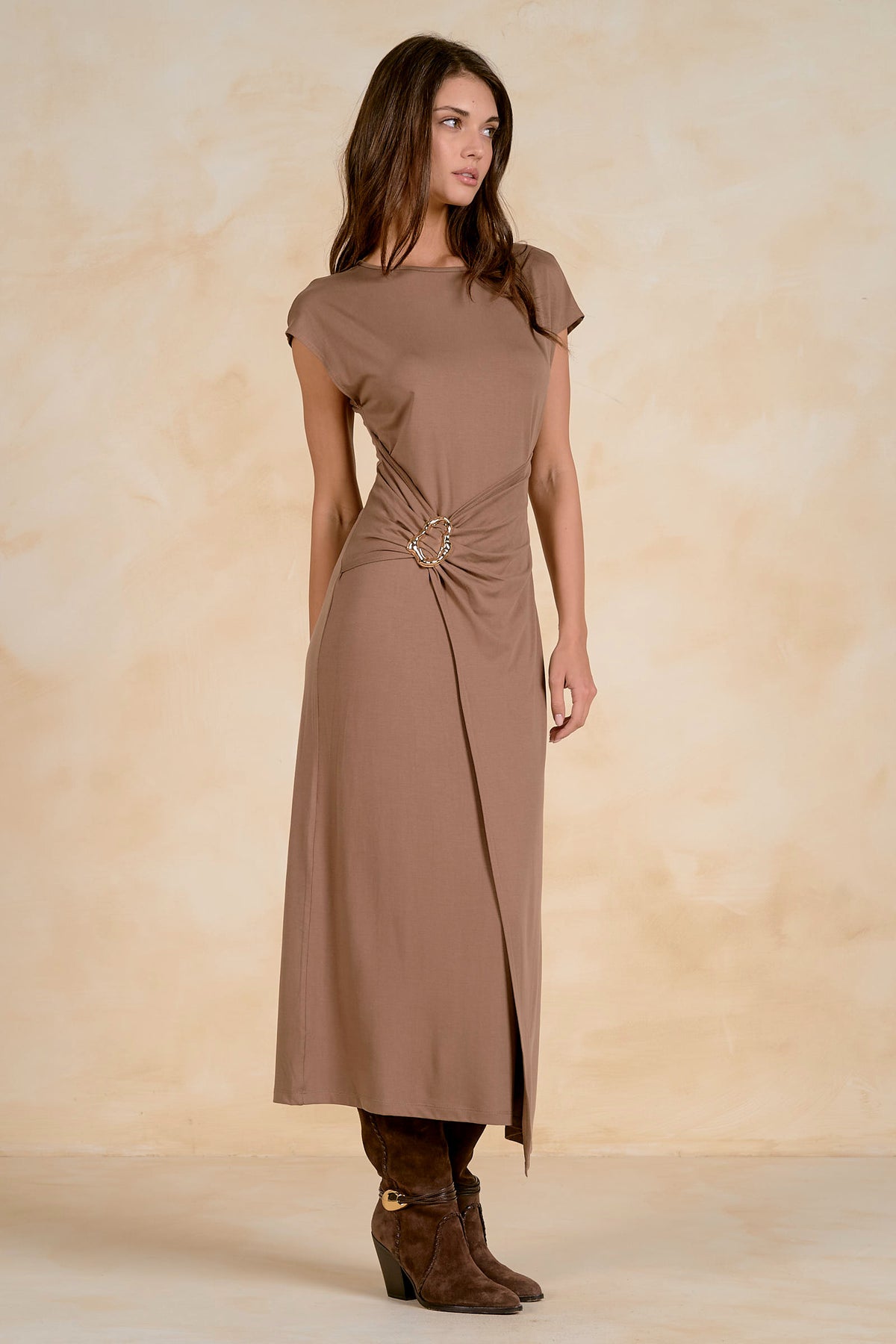 ELAN Maxi Cap Sleeve Cinched Waist Dress in Light Brown-Maxi Dresses-Elan-Deja Nu Boutique, Women's Fashion Boutique in Lampasas, Texas