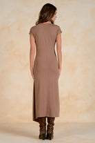 ELAN Maxi Cap Sleeve Cinched Waist Dress in Light Brown-Maxi Dresses-Elan-Deja Nu Boutique, Women's Fashion Boutique in Lampasas, Texas