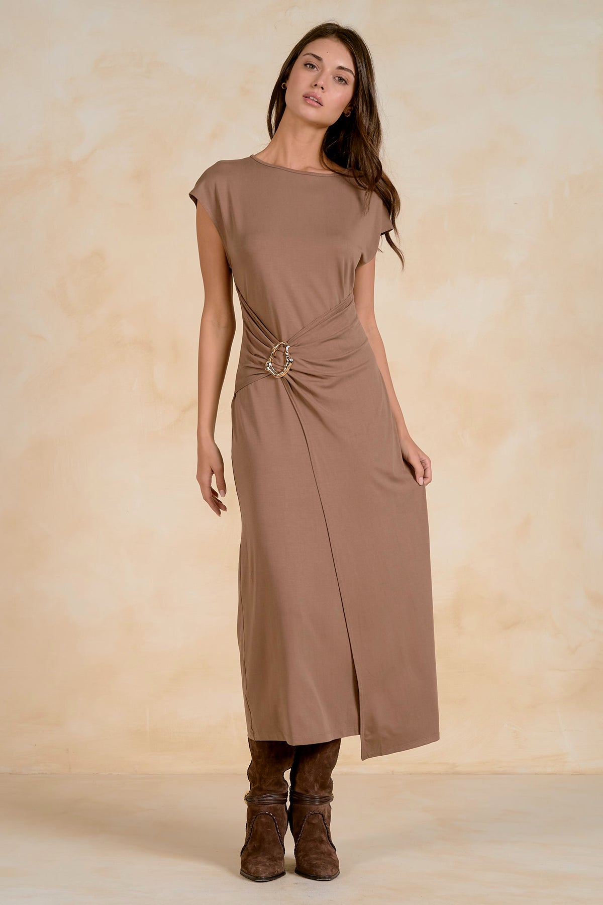 ELAN Maxi Cap Sleeve Cinched Waist Dress in Light Brown-Maxi Dresses-Elan-Deja Nu Boutique, Women's Fashion Boutique in Lampasas, Texas