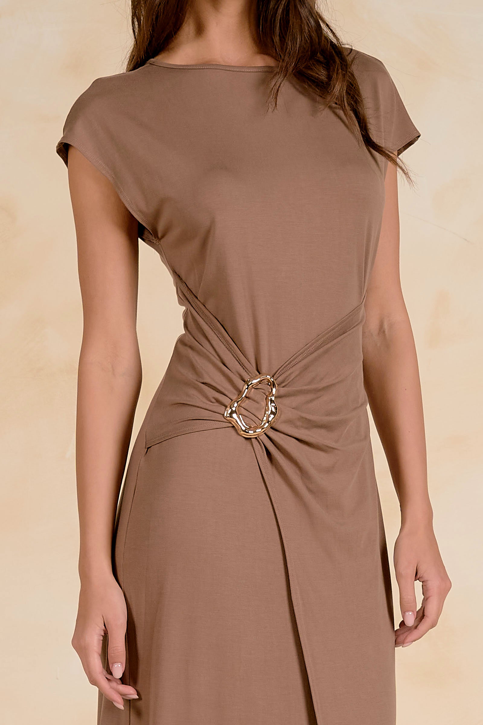 ELAN Maxi Cap Sleeve Cinched Waist Dress in Light Brown-Maxi Dresses-Elan-Deja Nu Boutique, Women's Fashion Boutique in Lampasas, Texas