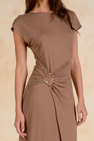 ELAN Maxi Cap Sleeve Cinched Waist Dress in Light Brown-Maxi Dresses-Elan-Deja Nu Boutique, Women's Fashion Boutique in Lampasas, Texas