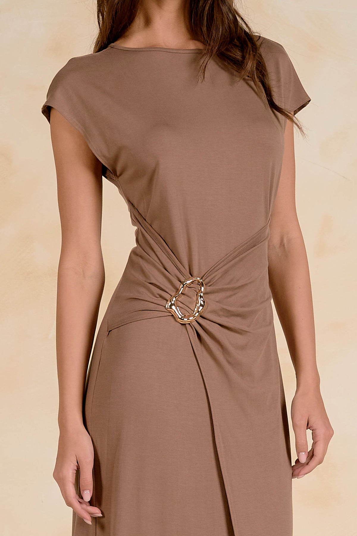 ELAN Maxi Cap Sleeve Cinched Waist Dress in Light Brown-Maxi Dresses-Elan-Deja Nu Boutique, Women's Fashion Boutique in Lampasas, Texas