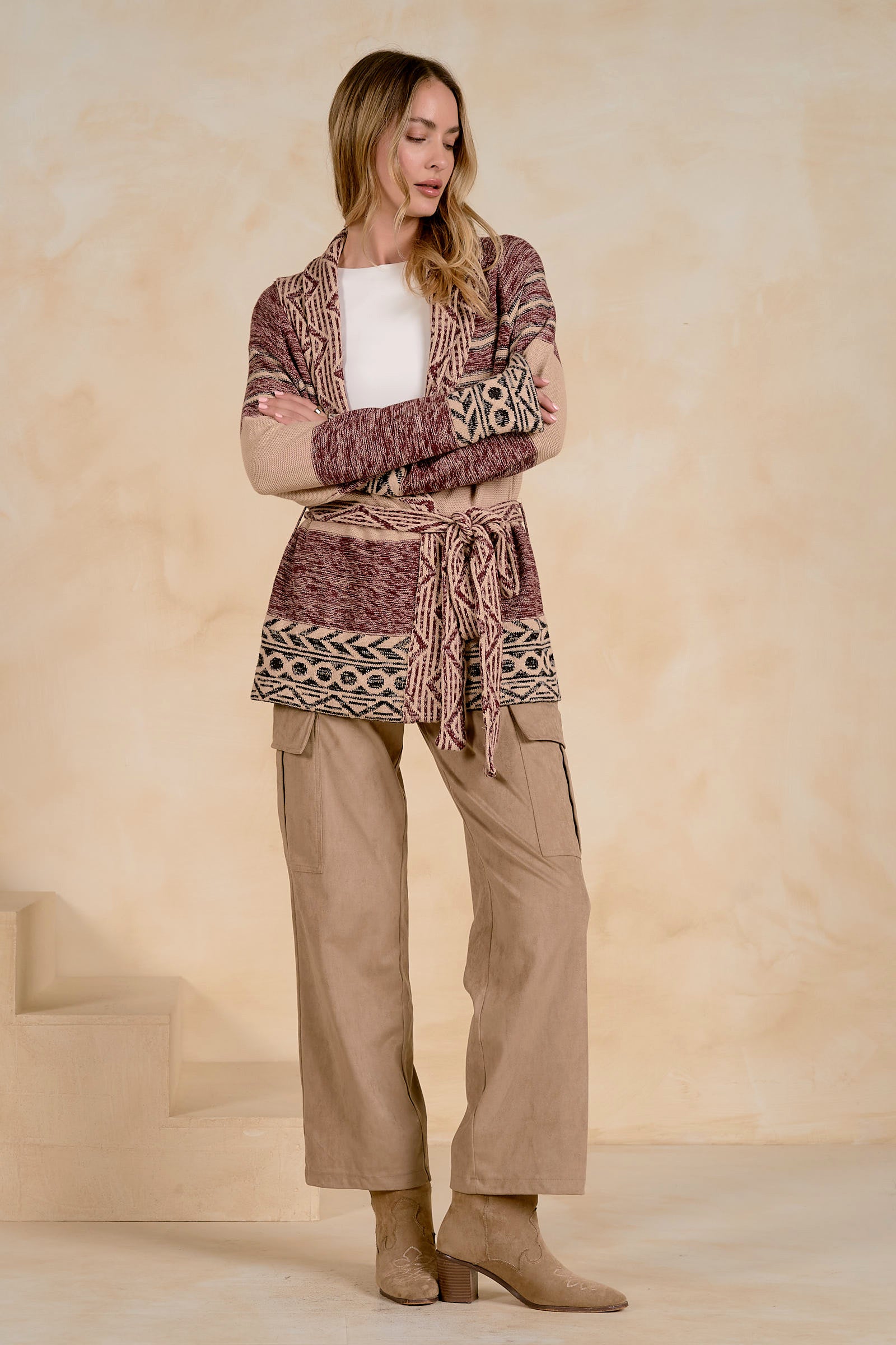 Elan Print Tie-Waist Cardigan in Natural Burgundy-Cardigans & Kimonos-elan-Deja Nu Boutique, Women's Fashion Boutique in Lampasas, Texas