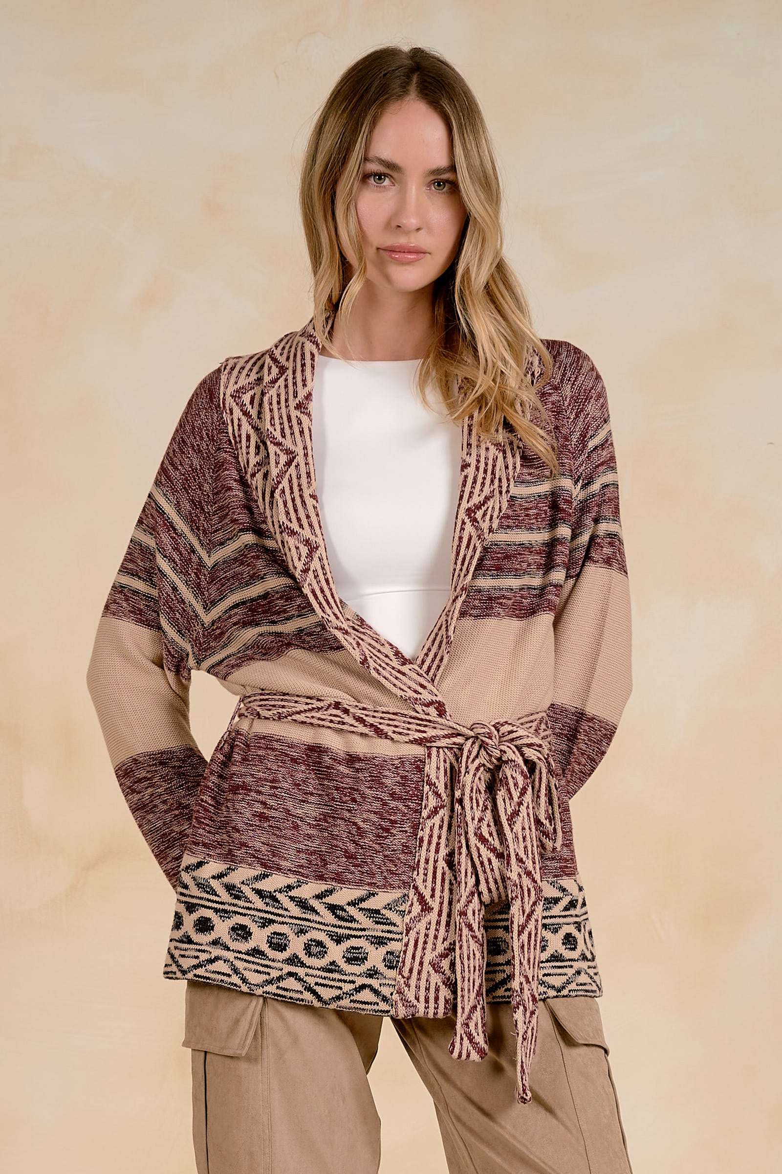 Elan Print Tie-Waist Cardigan in Natural Burgundy-Cardigans & Kimonos-elan-Deja Nu Boutique, Women's Fashion Boutique in Lampasas, Texas