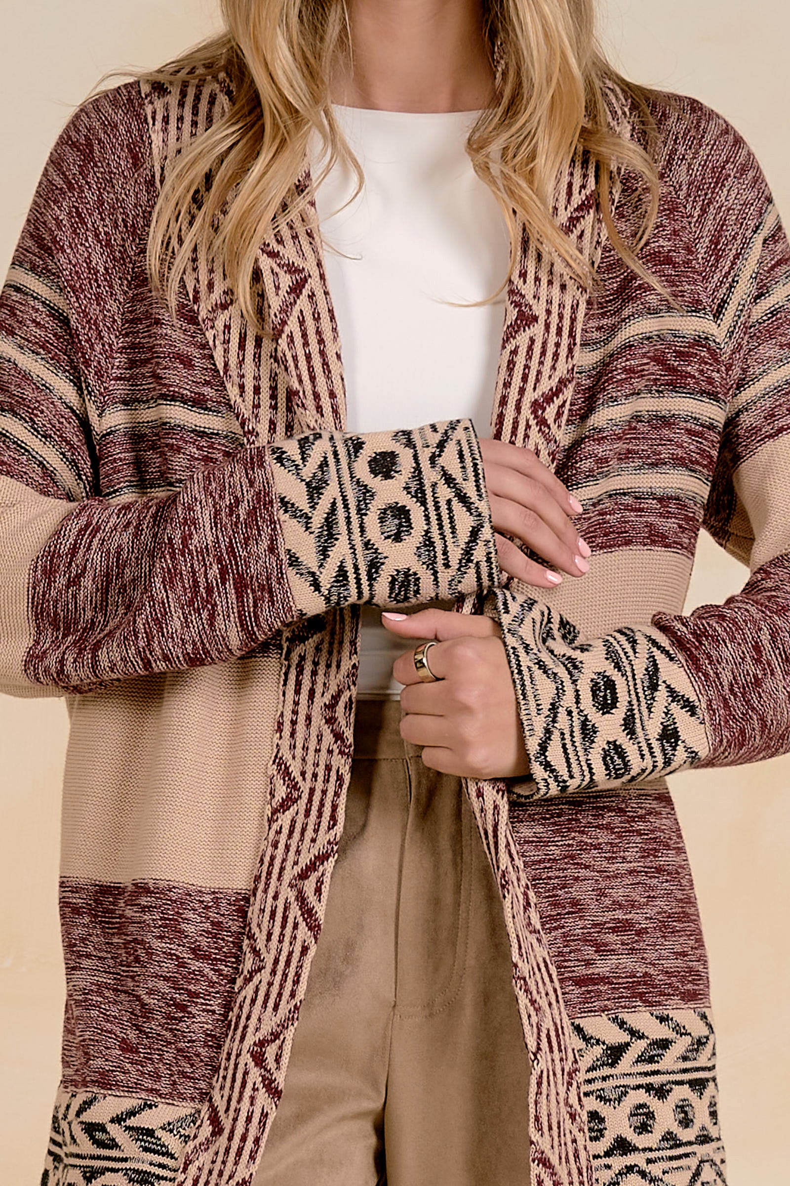 Elan Print Tie-Waist Cardigan in Natural Burgundy-Cardigans & Kimonos-elan-Deja Nu Boutique, Women's Fashion Boutique in Lampasas, Texas