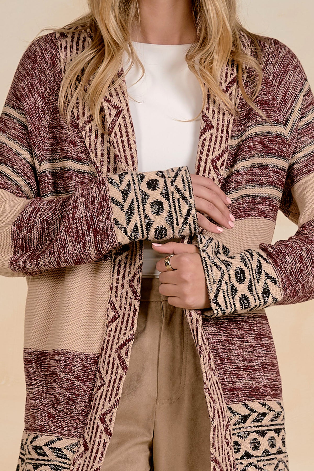 Elan Print Tie-Waist Cardigan in Natural Burgundy-Cardigans & Kimonos-elan-Deja Nu Boutique, Women's Fashion Boutique in Lampasas, Texas