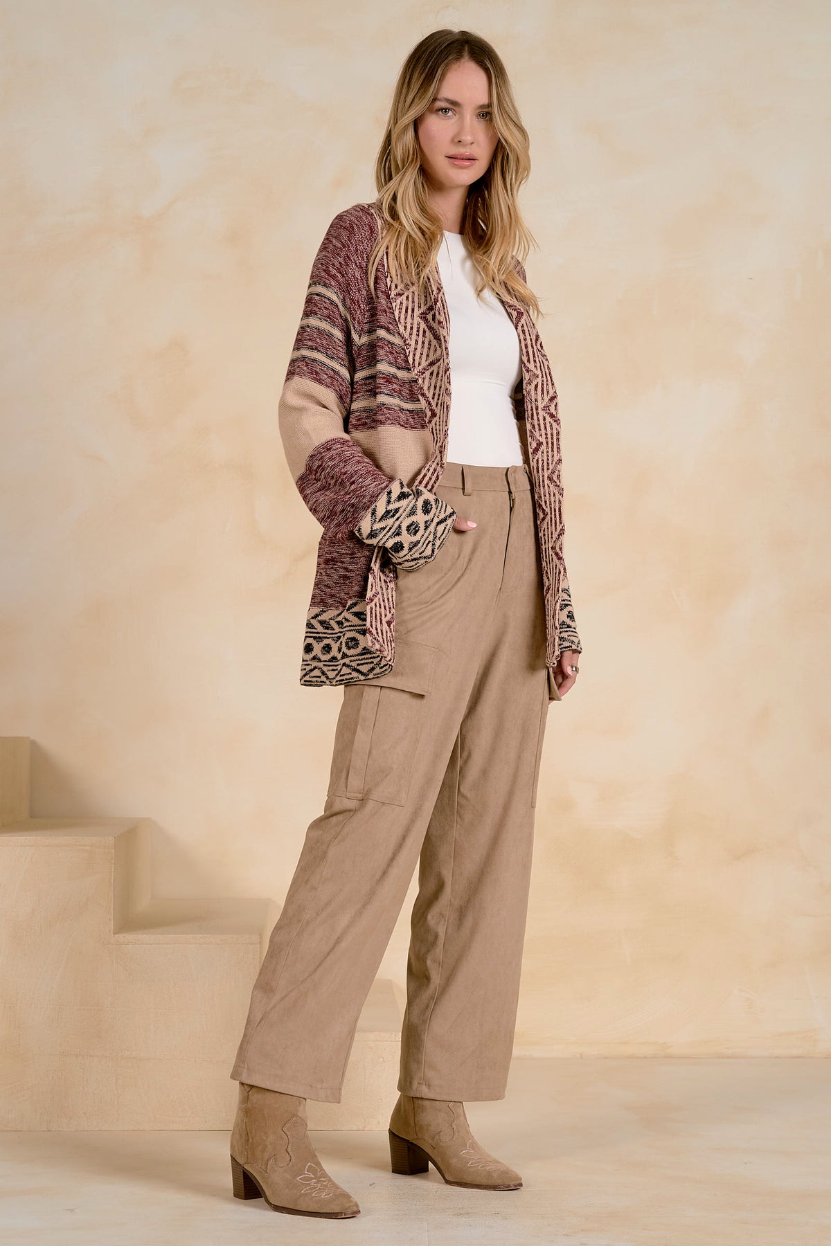 Elan Print Tie-Waist Cardigan in Natural Burgundy-Cardigans & Kimonos-elan-Deja Nu Boutique, Women's Fashion Boutique in Lampasas, Texas
