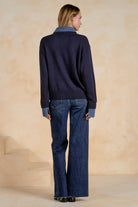 ELAN Denim Contrast Polo Sweater in Navy-Sweaters-Elan-Deja Nu Boutique, Women's Fashion Boutique in Lampasas, Texas