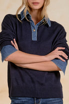 ELAN Denim Contrast Polo Sweater in Navy-Sweaters-Elan-Deja Nu Boutique, Women's Fashion Boutique in Lampasas, Texas
