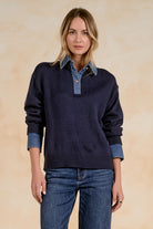 ELAN Denim Contrast Polo Sweater in Navy-Sweaters-Elan-Deja Nu Boutique, Women's Fashion Boutique in Lampasas, Texas