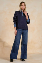 ELAN Denim Contrast Polo Sweater in Navy-Sweaters-Elan-Deja Nu Boutique, Women's Fashion Boutique in Lampasas, Texas