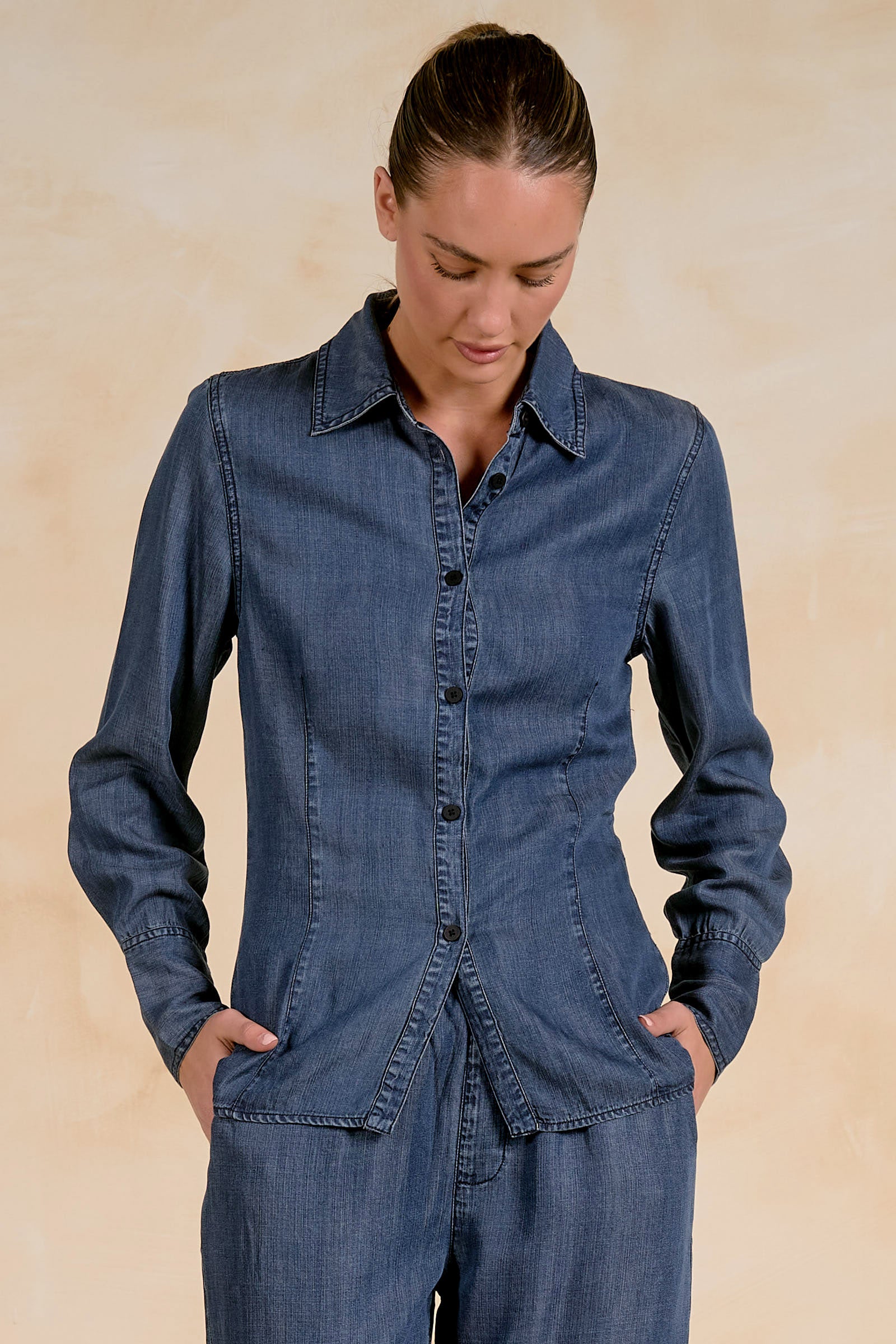 ELAN Navy Wash Long Sleeve Button Down Shirt-shirts-Elan-Deja Nu Boutique, Women's Fashion Boutique in Lampasas, Texas