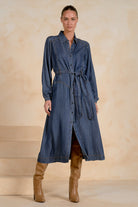 ELAN Long Sleeve Collared Maxi Dress – Navy Wash-Maxi Dresses-Elan-Deja Nu Boutique, Women's Fashion Boutique in Lampasas, Texas