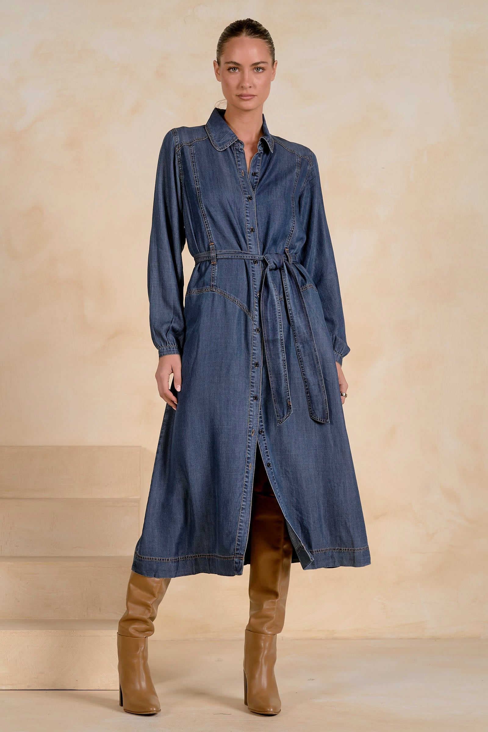 ELAN Long Sleeve Collared Maxi Dress – Navy Wash-Maxi Dresses-Elan-Deja Nu Boutique, Women's Fashion Boutique in Lampasas, Texas
