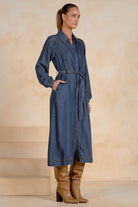 ELAN Long Sleeve Collared Maxi Dress – Navy Wash-Maxi Dresses-Elan-Deja Nu Boutique, Women's Fashion Boutique in Lampasas, Texas