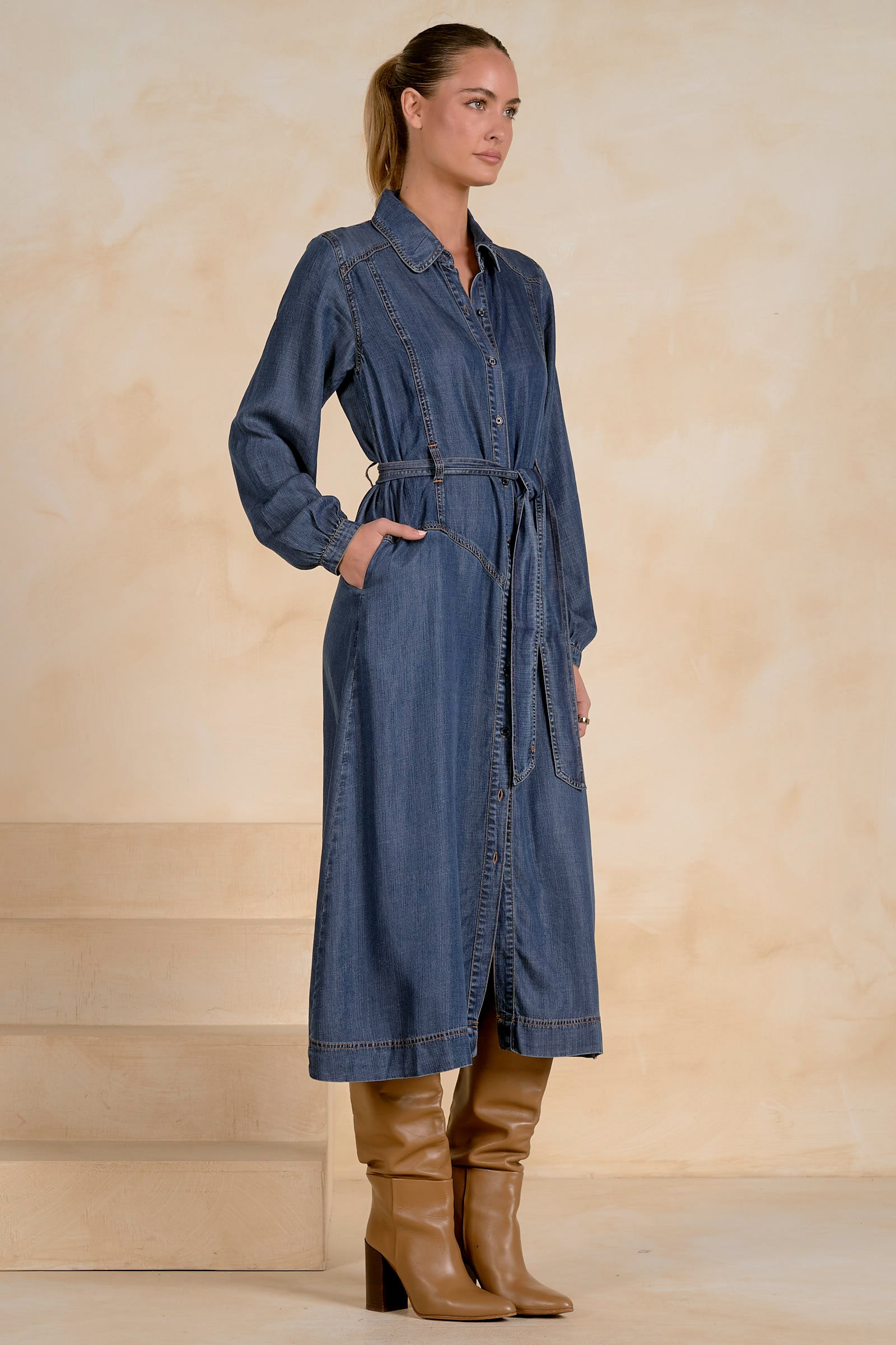 ELAN Long Sleeve Collared Maxi Dress – Navy Wash-Maxi Dresses-Elan-Deja Nu Boutique, Women's Fashion Boutique in Lampasas, Texas