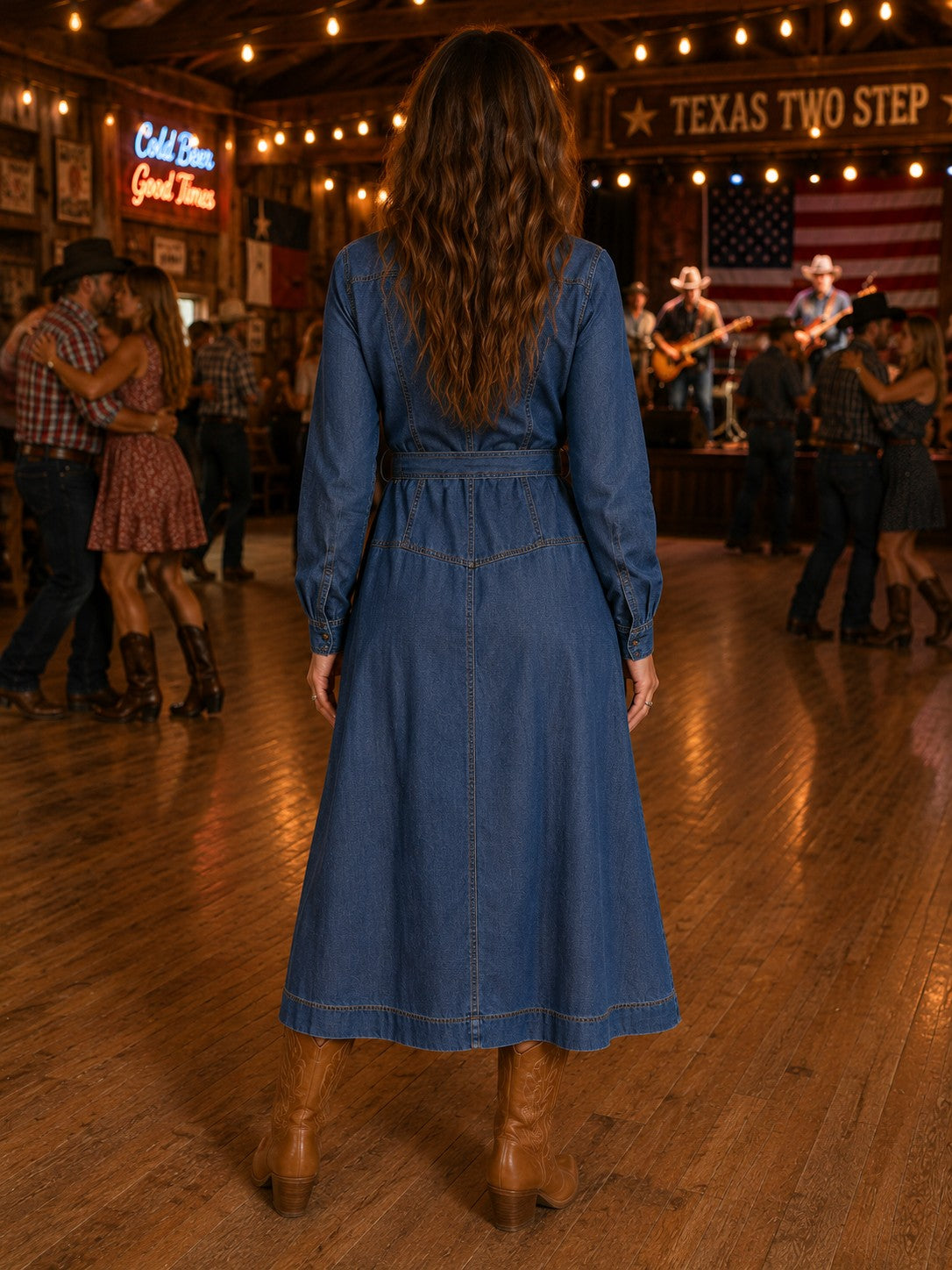 ELAN Long Sleeve Collared Maxi Dress – Navy Wash-Maxi Dresses-Elan-Deja Nu Boutique, Women's Fashion Boutique in Lampasas, Texas