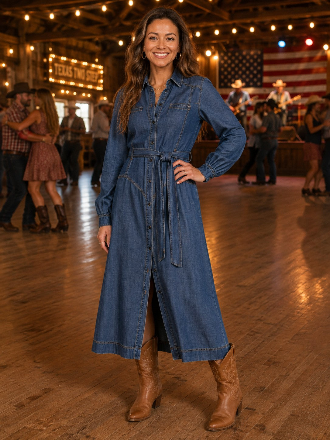 ELAN Long Sleeve Collared Maxi Dress – Navy Wash-Maxi Dresses-Elan-Deja Nu Boutique, Women's Fashion Boutique in Lampasas, Texas