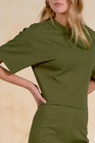 ELAN Olive Short Sleeve Crew Neck Crop Top-Tops-elan-Deja Nu Boutique, Women's Fashion Boutique in Lampasas, Texas