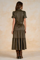 Elan Faux Suede Tiered Midi Dress in Olive-Midi Dresses-Elan-Deja Nu Boutique, Women's Fashion Boutique in Lampasas, Texas