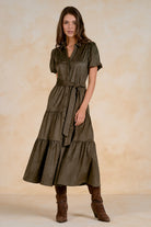 Elan Faux Suede Tiered Midi Dress in Olive-Midi Dresses-Elan-Deja Nu Boutique, Women's Fashion Boutique in Lampasas, Texas