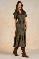 Elan Faux Suede Tiered Midi Dress in Olive-Midi Dresses-Elan-Deja Nu Boutique, Women's Fashion Boutique in Lampasas, Texas