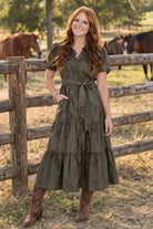 Elan Faux Suede Tiered Midi Dress in Olive-Midi Dresses-Elan-Deja Nu Boutique, Women's Fashion Boutique in Lampasas, Texas