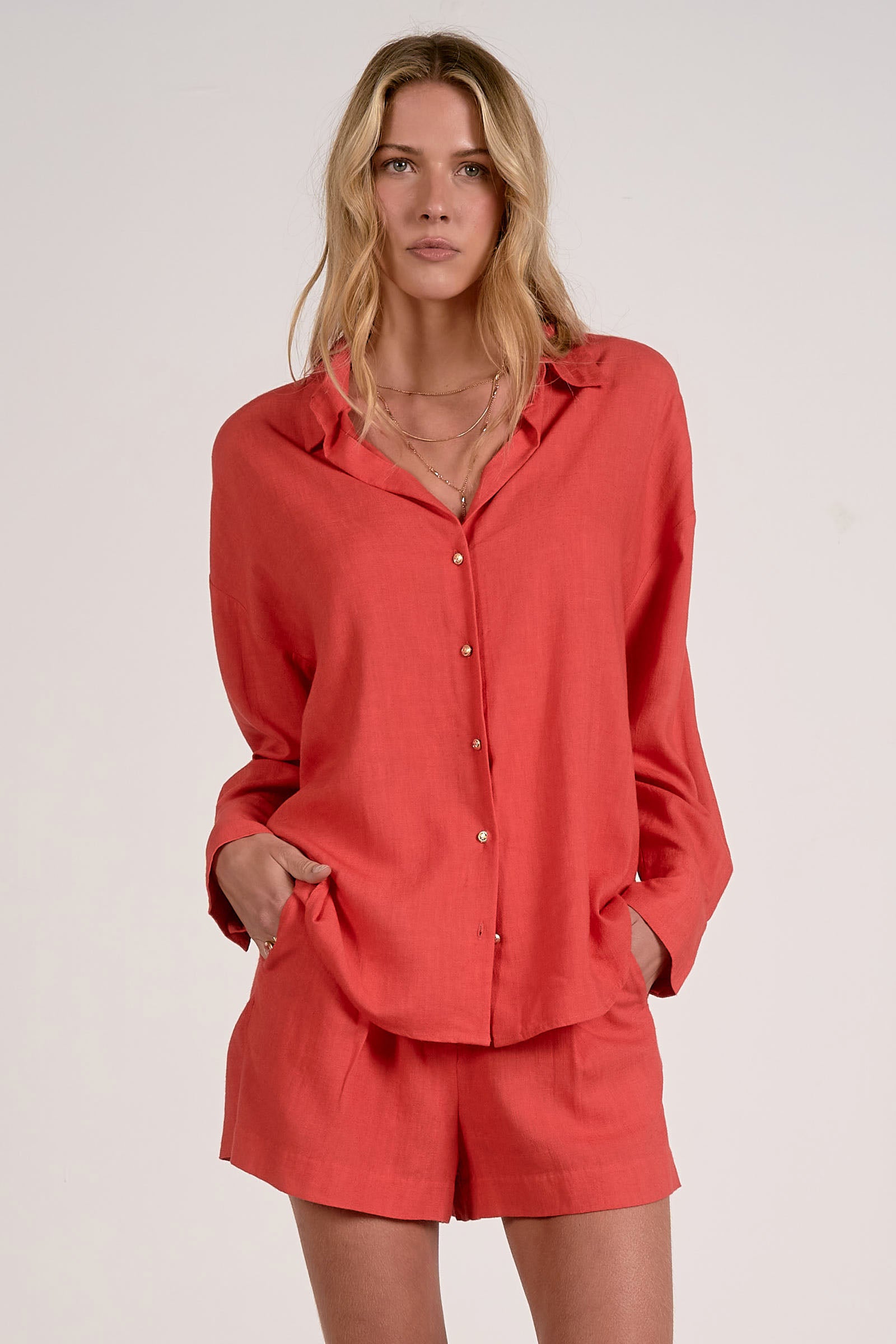 Elan Relaxed Button-Down Shirt – Red-shirts-Elan-Deja Nu Boutique, Women's Fashion Boutique in Lampasas, Texas