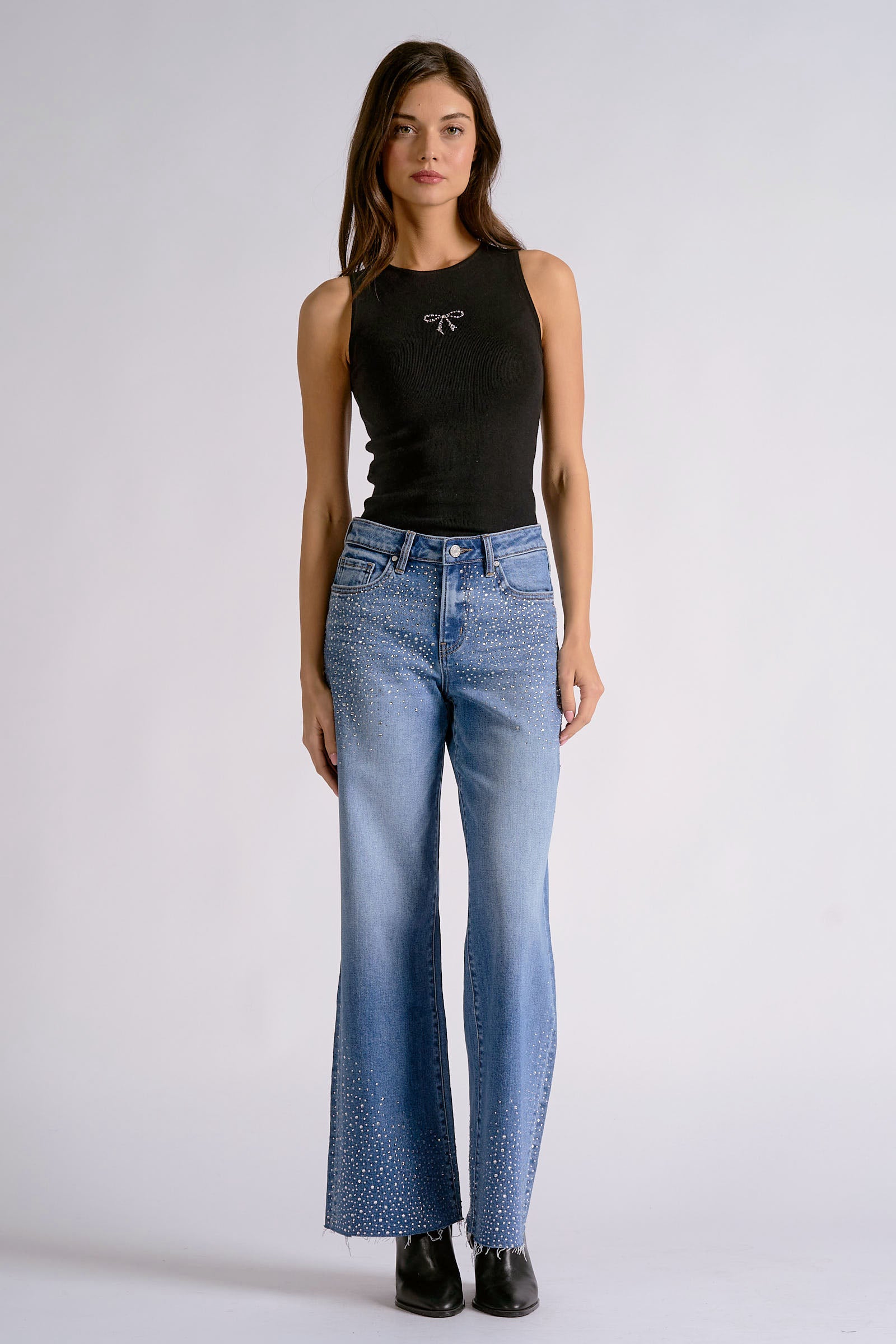 Elan Rhinestone Wide Leg Jeans in Medium Wash-Jeans-elan-Deja Nu Boutique, Women's Fashion Boutique in Lampasas, Texas
