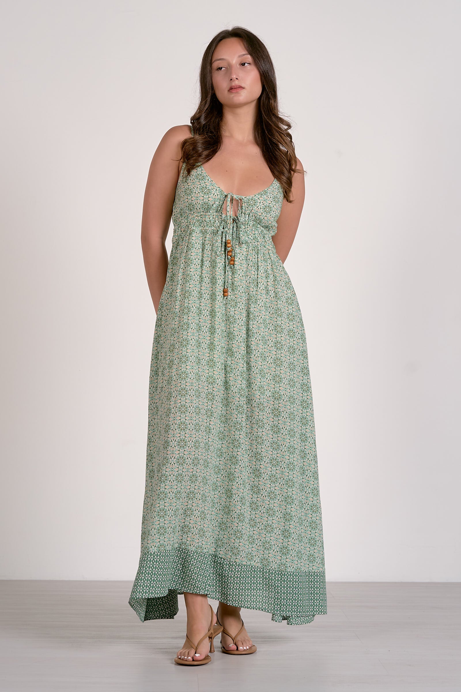 Elan Spaghetti Strap Tie Front Maxi Dress in Sage Boho Print-Maxi Dresses-Elan-Deja Nu Boutique, Women's Fashion Boutique in Lampasas, Texas