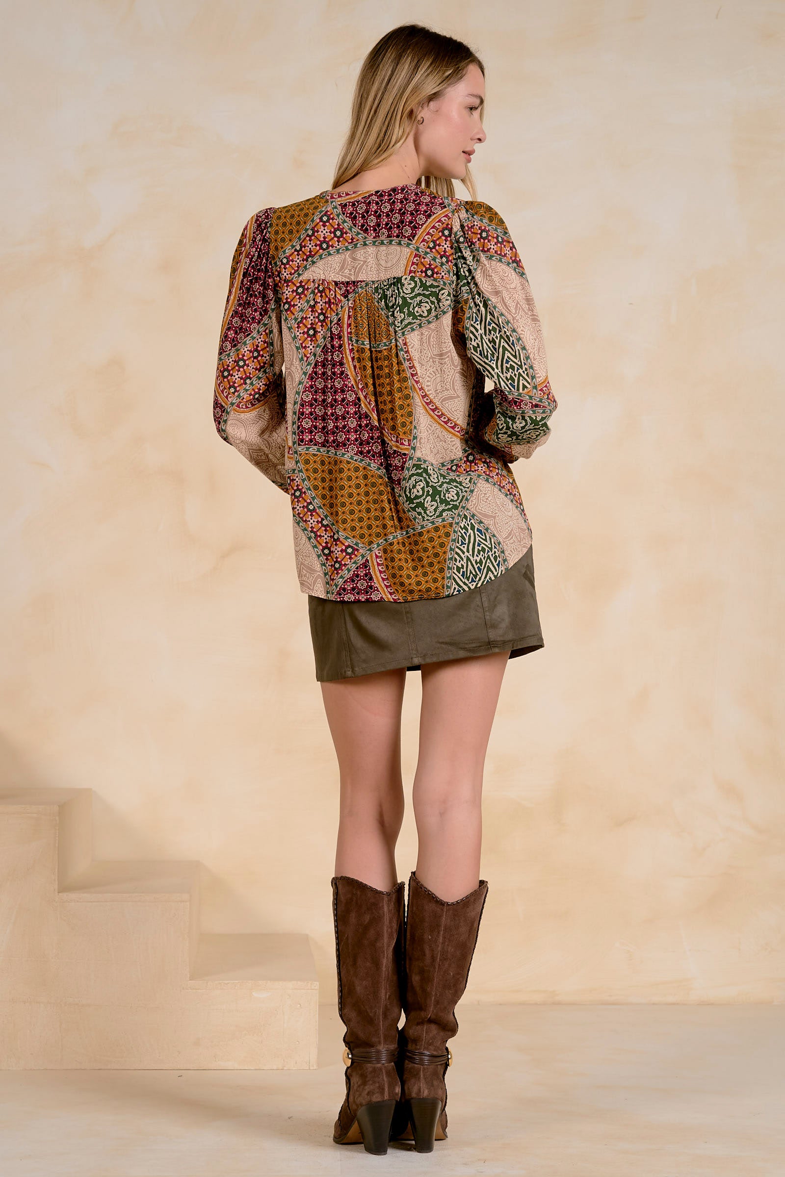 Elan Taupe Ember Patchwork Boho Blouse-shirts-elan-Deja Nu Boutique, Women's Fashion Boutique in Lampasas, Texas