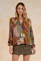 Elan Taupe Ember Patchwork Boho Blouse-shirts-elan-Deja Nu Boutique, Women's Fashion Boutique in Lampasas, Texas