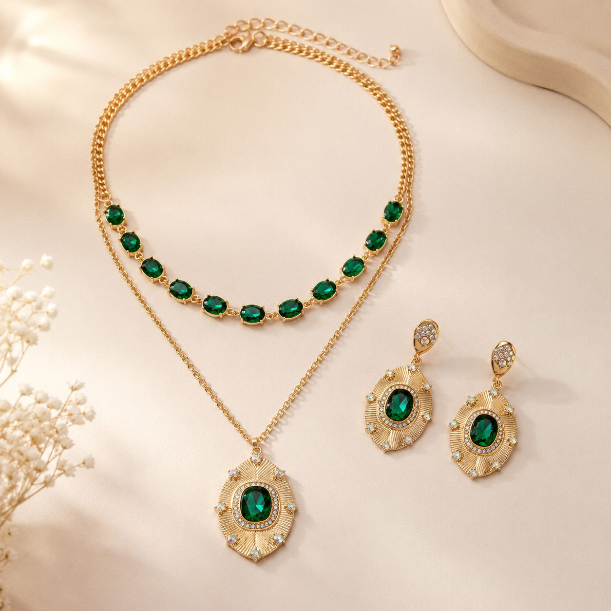 Emerald Elegance Gold Necklace & Earring Collection-Necklace Set-Deja Nu-Deja Nu Boutique, Women's Fashion Boutique in Lampasas, Texas