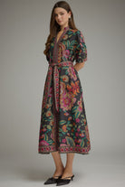 Entro Floral Border Print Belted Midi Dress in Black-Midi Dresses-entro-Deja Nu Boutique, Women's Fashion Boutique in Lampasas, Texas