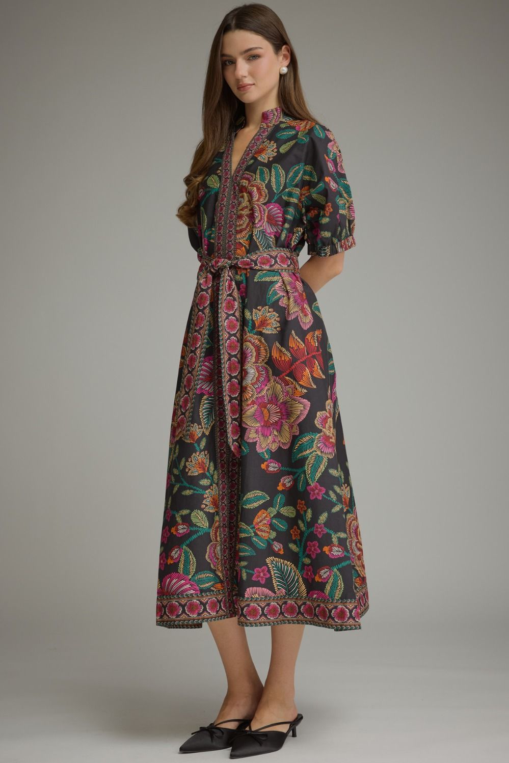 Entro Floral Border Print Belted Midi Dress in Black-Midi Dresses-entro-Deja Nu Boutique, Women's Fashion Boutique in Lampasas, Texas