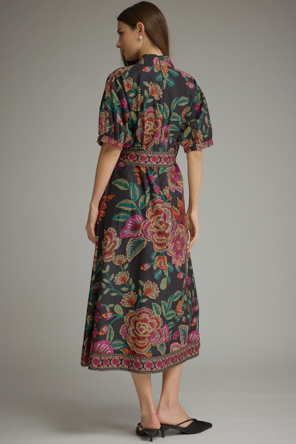 Entro Floral Border Print Belted Midi Dress in Black-Midi Dresses-entro-Deja Nu Boutique, Women's Fashion Boutique in Lampasas, Texas