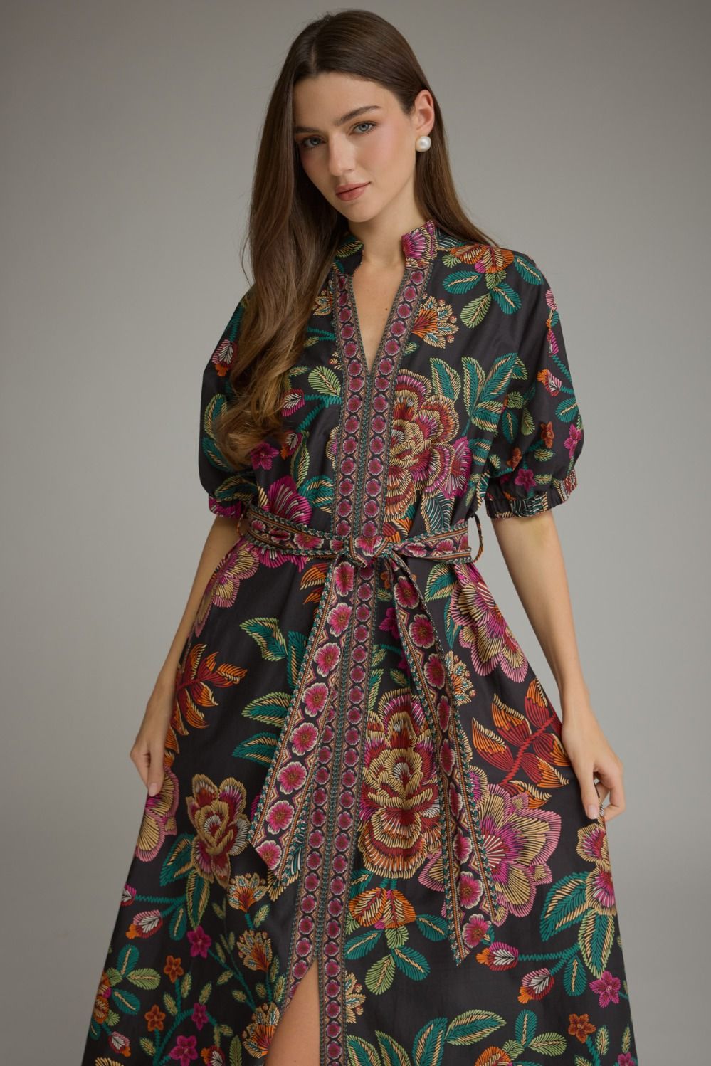 Entro Floral Border Print Belted Midi Dress in Black-Midi Dresses-entro-Deja Nu Boutique, Women's Fashion Boutique in Lampasas, Texas