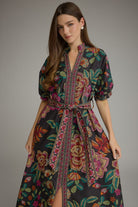 Entro Floral Border Print Belted Midi Dress in Black-Midi Dresses-entro-Deja Nu Boutique, Women's Fashion Boutique in Lampasas, Texas
