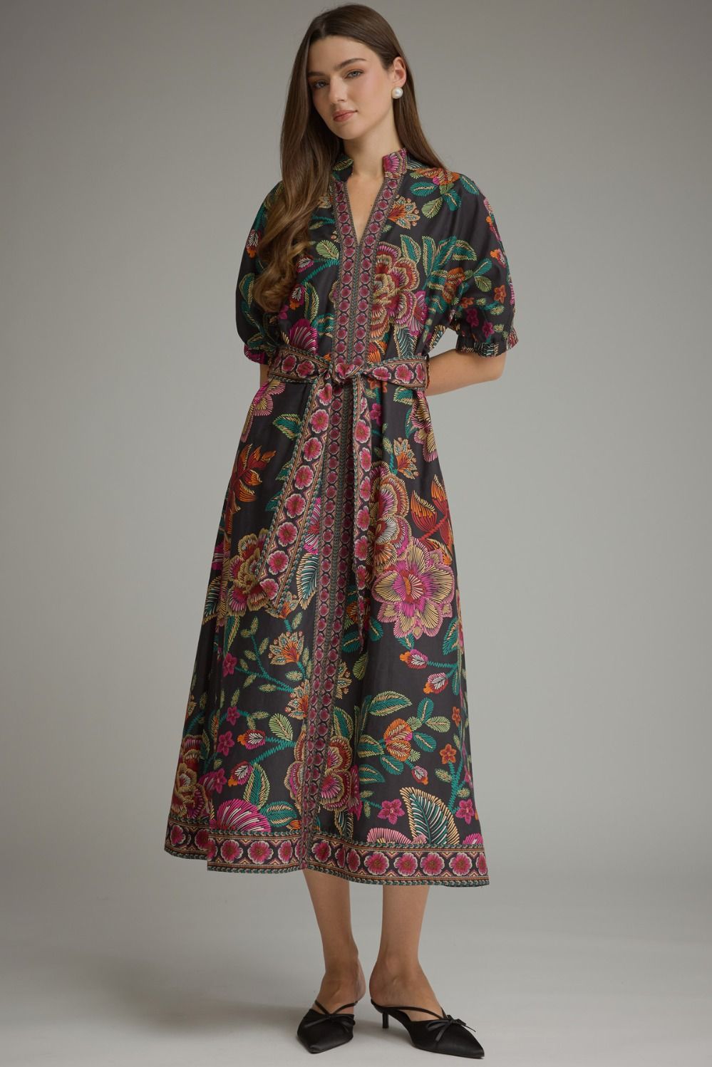 Entro Floral Border Print Belted Midi Dress in Black-Midi Dresses-entro-Deja Nu Boutique, Women's Fashion Boutique in Lampasas, Texas